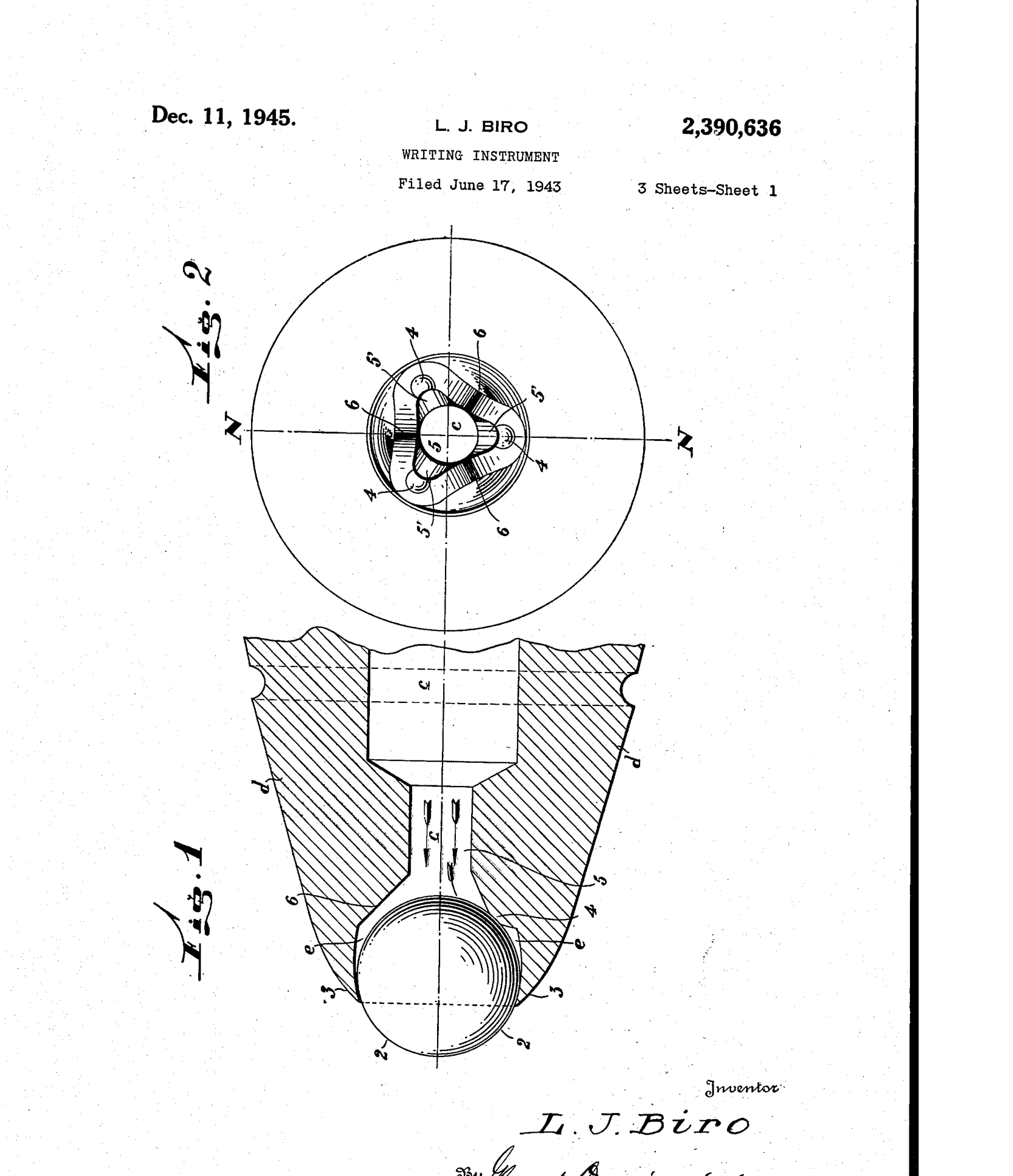 US2390636A patent drawing showing the ball-bearing tip mechanism: top view of the ball socket with feed channels radiating outward, and cross-section showing the ball seated in its conical housing