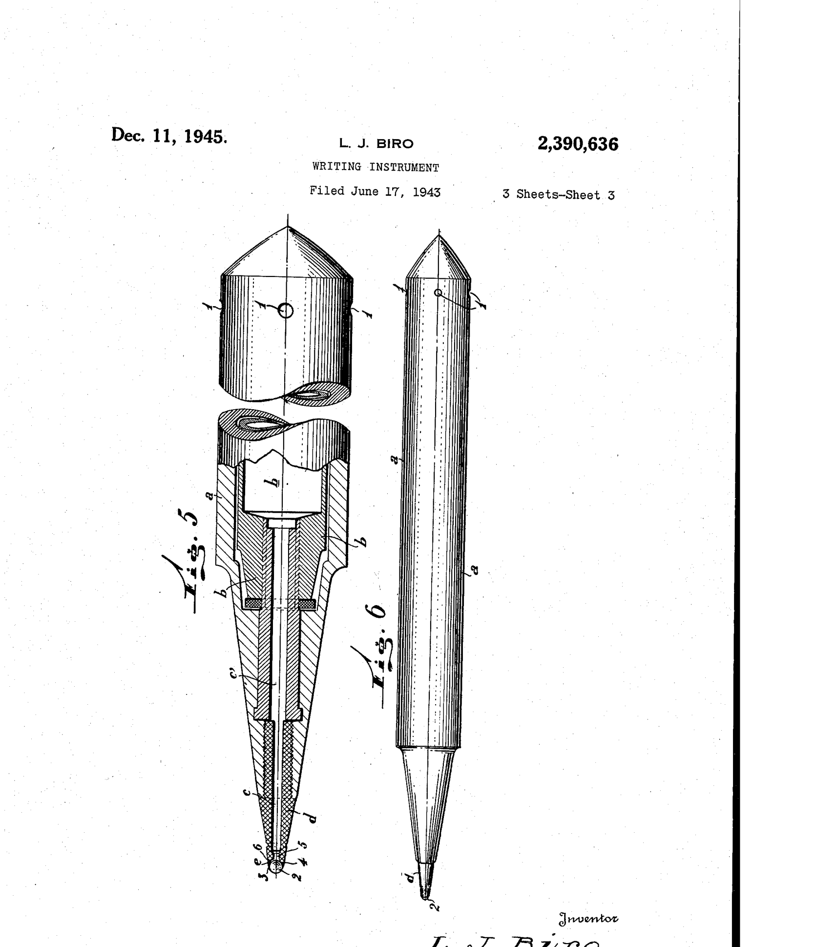 US2390636A patent drawing showing the full pen assembly: exploded view of the tip with its ink channels and ball socket, alongside a complete assembled pen in side view