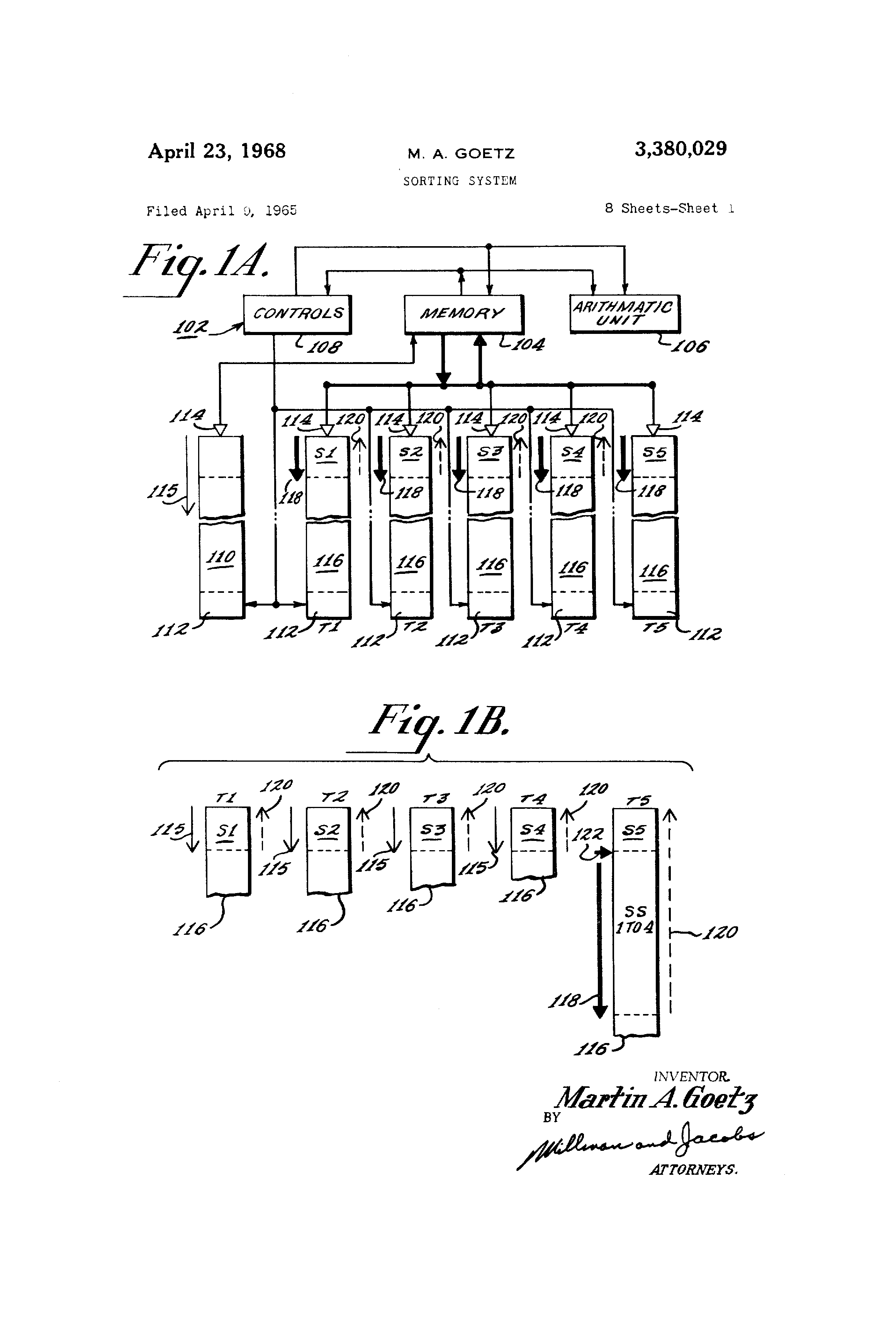 US3380029A patent drawing showing the sorting system architecture with tape drives and control units