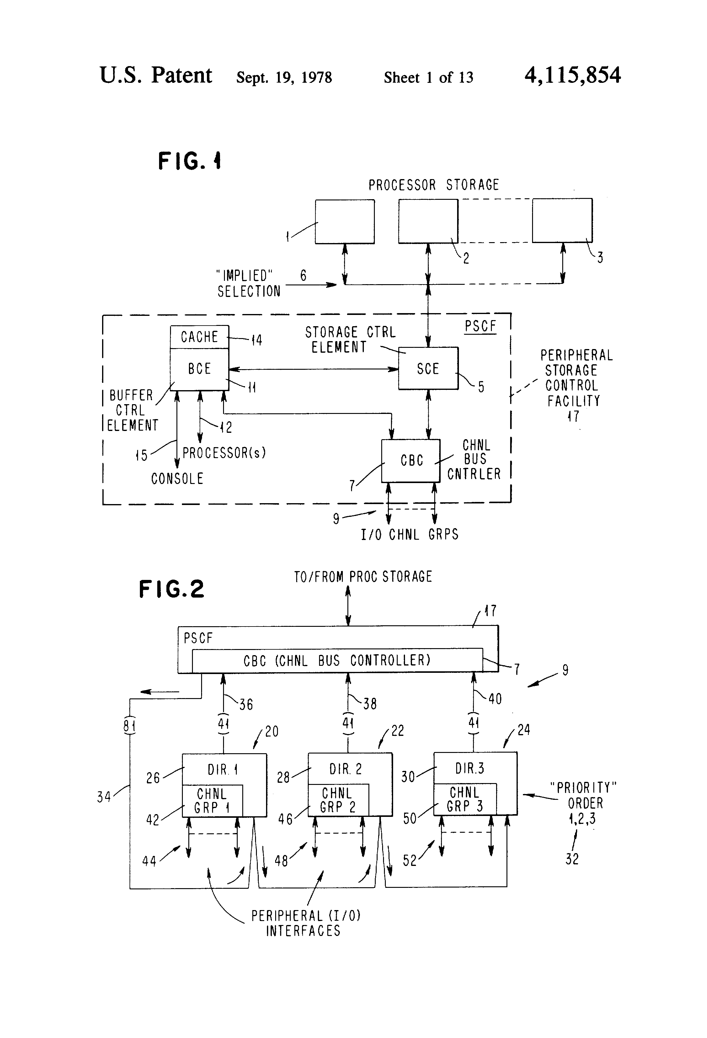 US4115854A patent drawing showing the display system architecture with processor storage and peripheral control