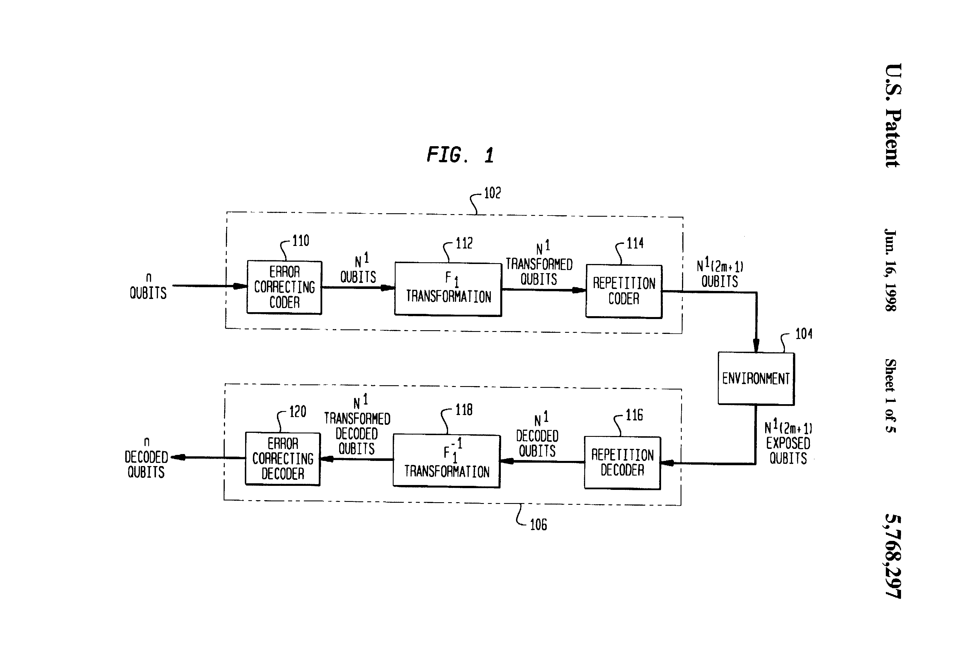 US5768297A patent drawing showing the quantum circuit for Grover's search with oracle and diffusion operator blocks